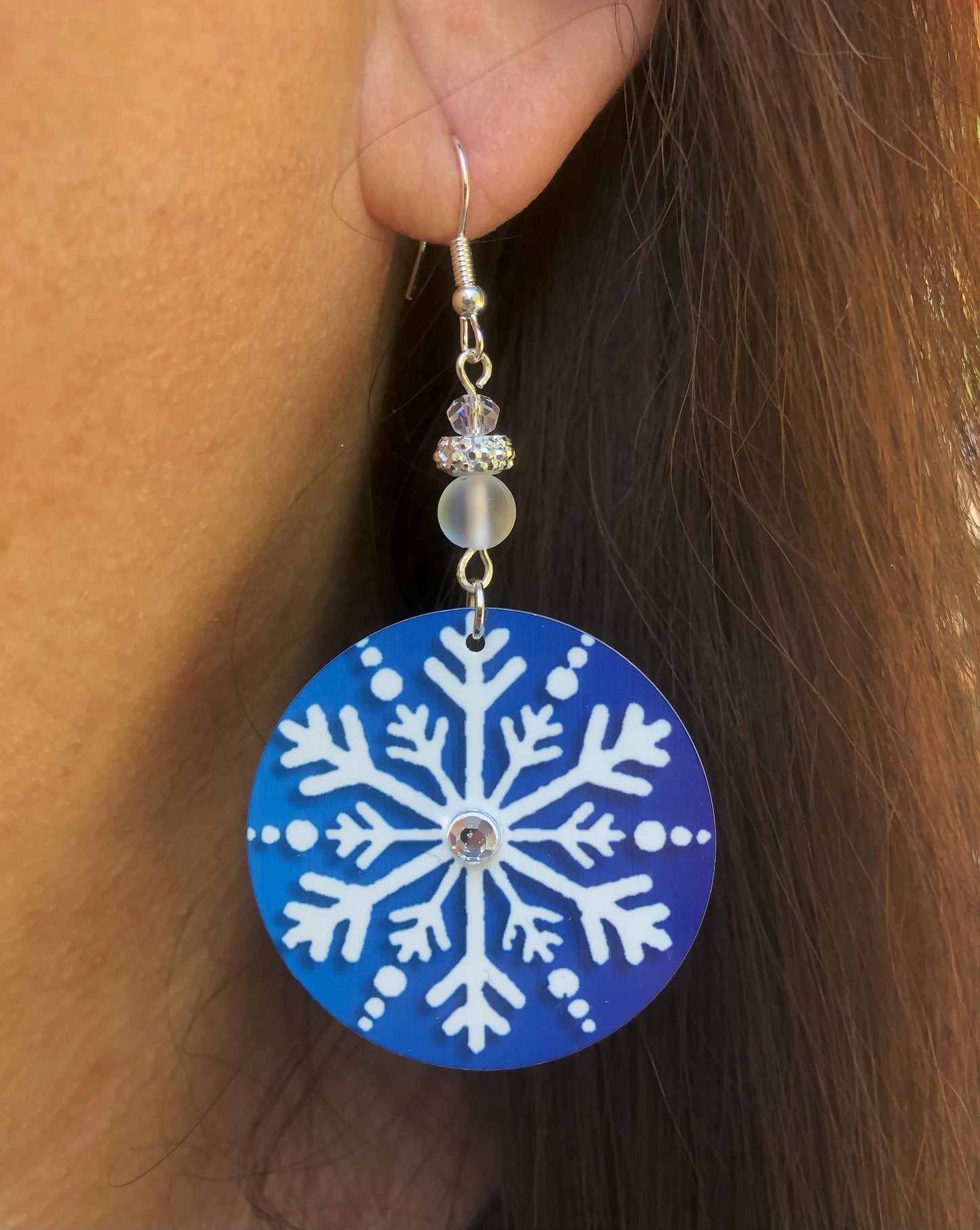 Snowflake round Dangle Earrings with glass beads. A Unique gift idea