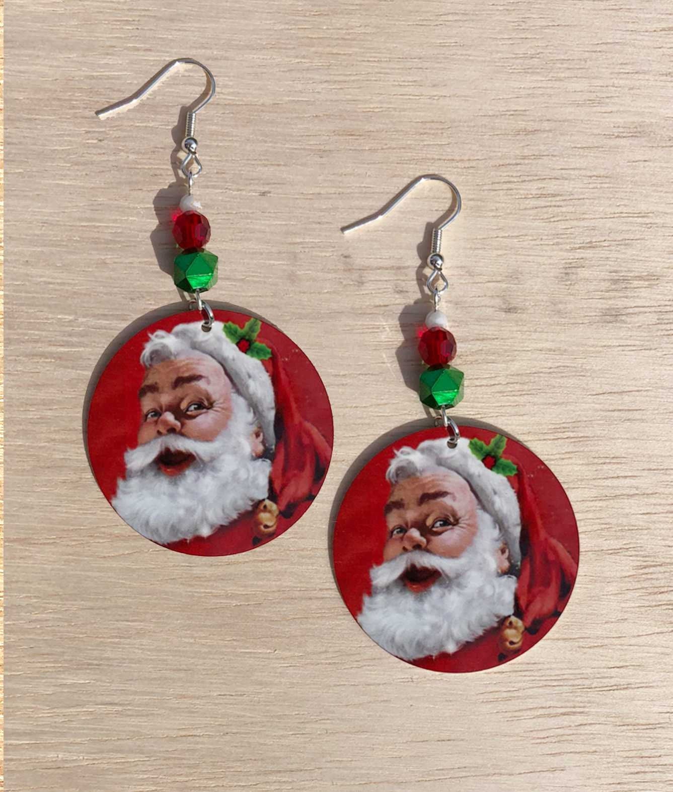 Santa Claus head round Dangle Earrings with glass beads. A Unique Christmas gift idea