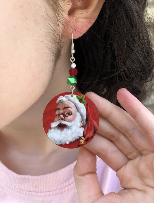 Santa Claus head round Dangle Earrings with glass beads. A Unique Christmas gift idea