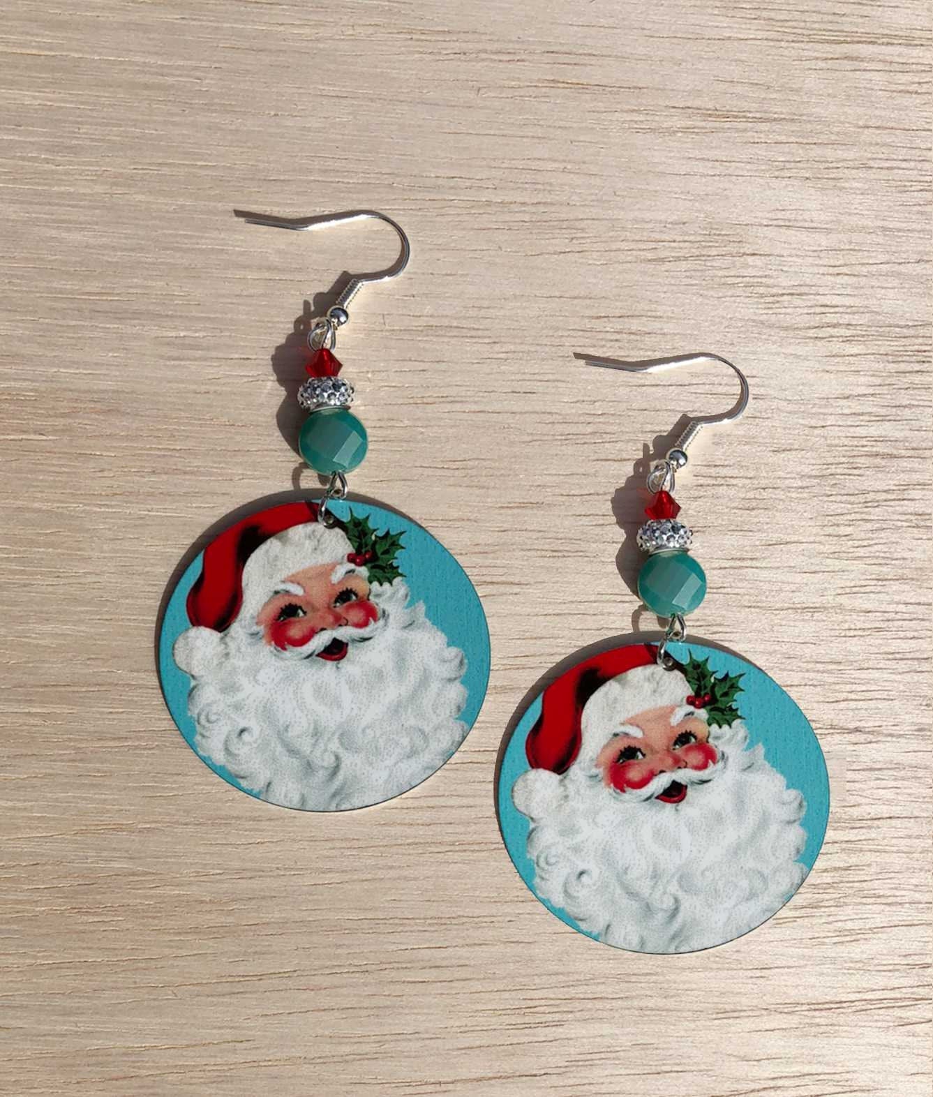 Holly jolly Santa Claus head round Dangle Earrings with glass beads. A Unique Christmas gift idea