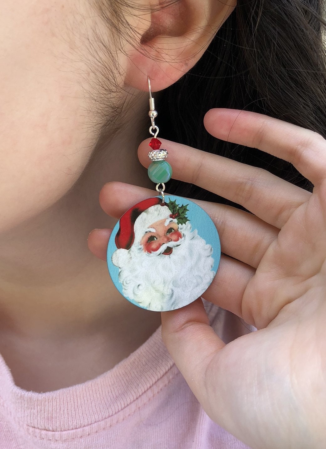 Holly jolly Santa Claus head round Dangle Earrings with glass beads. A Unique Christmas gift idea