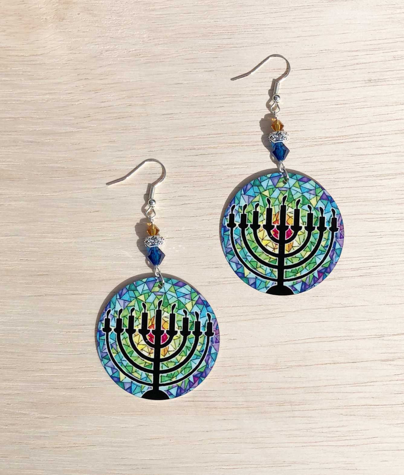 Hanukkiah a Chanukkah 9 candle menora round Dangle Earrings with glass beads. A Unique gift idea for Hanukkah