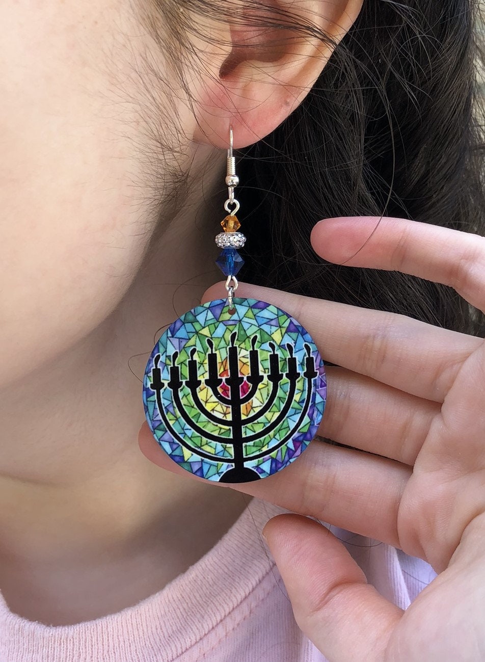 Hanukkiah a Chanukkah 9 candle menora round Dangle Earrings with glass beads. A Unique gift idea for Hanukkah