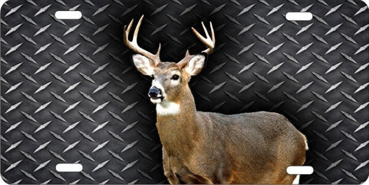 Whitetail deer hunter on a diamond plate personalized novelty front license plate decorative car tag