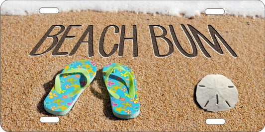 Beach Bum novelty front license plate flip flops and sand dollar decorative vanity car tag