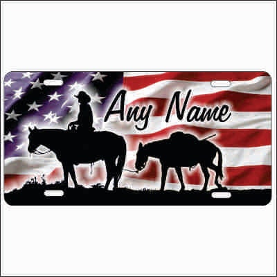 cowboy and a pack mule on American flag personalized novelty front license plate custom vanity decorative car tag
